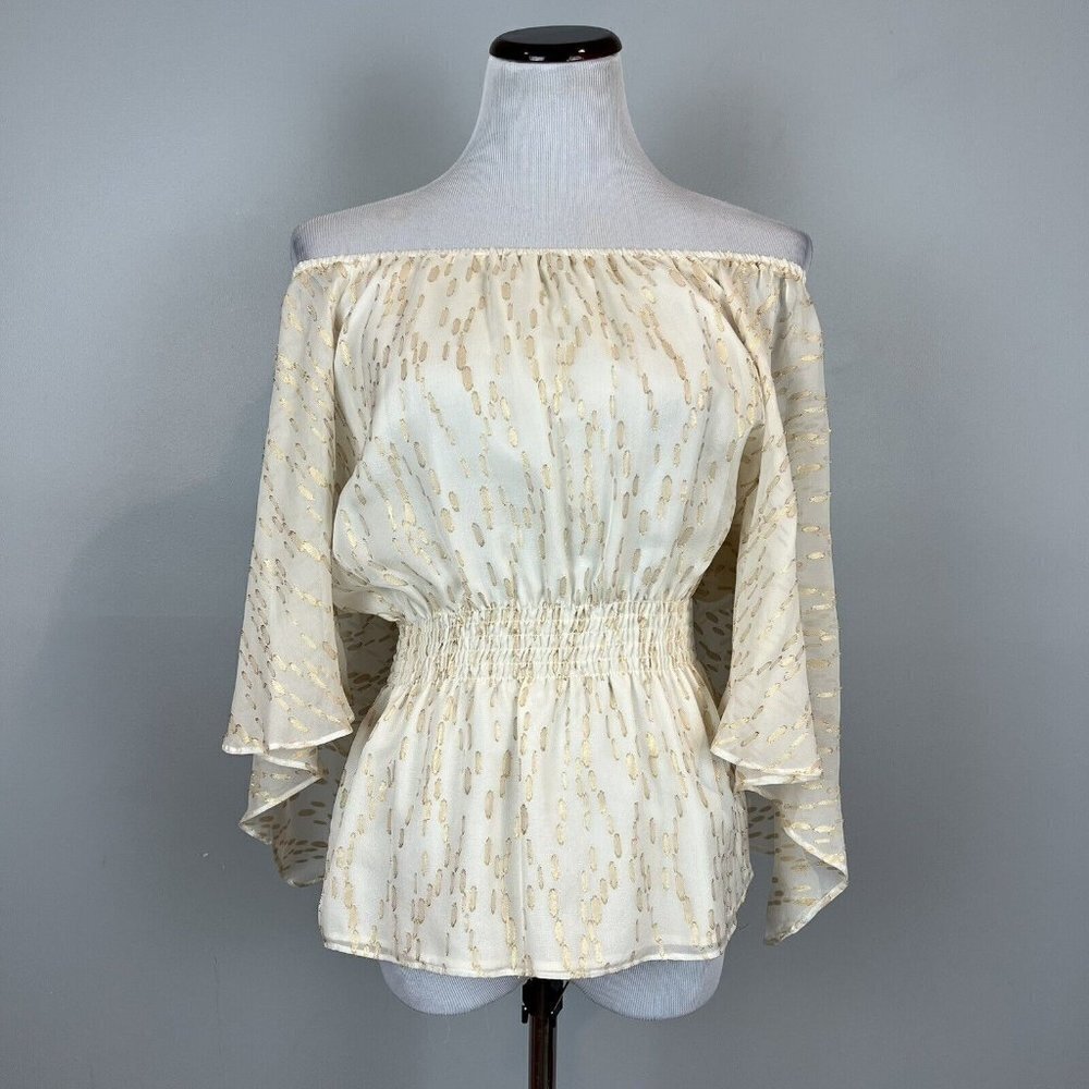 Trina Turk Ivory and Metallic Gold Off Shoulder Peasant Blouse Small